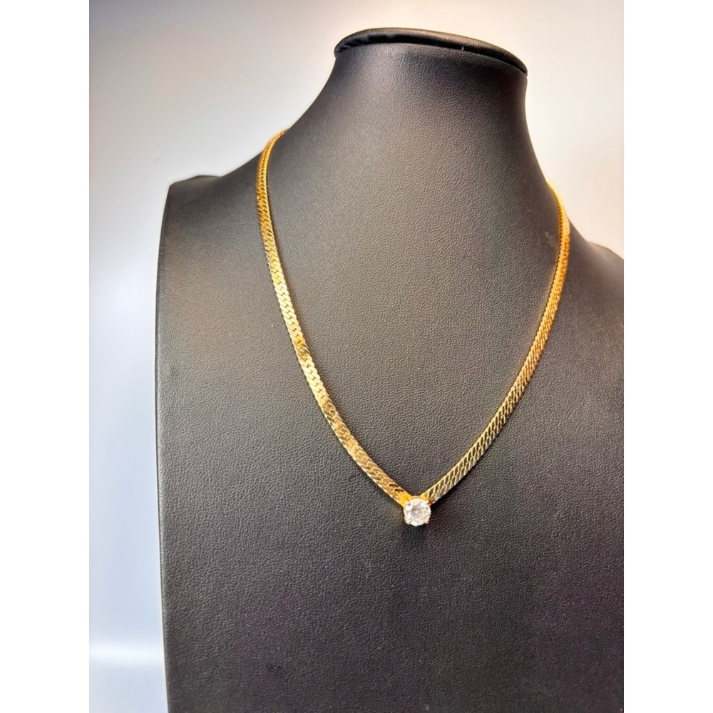 Vintage Herringbone Necklace Gold Rhinestone Pendant Minimalist 90s Statement